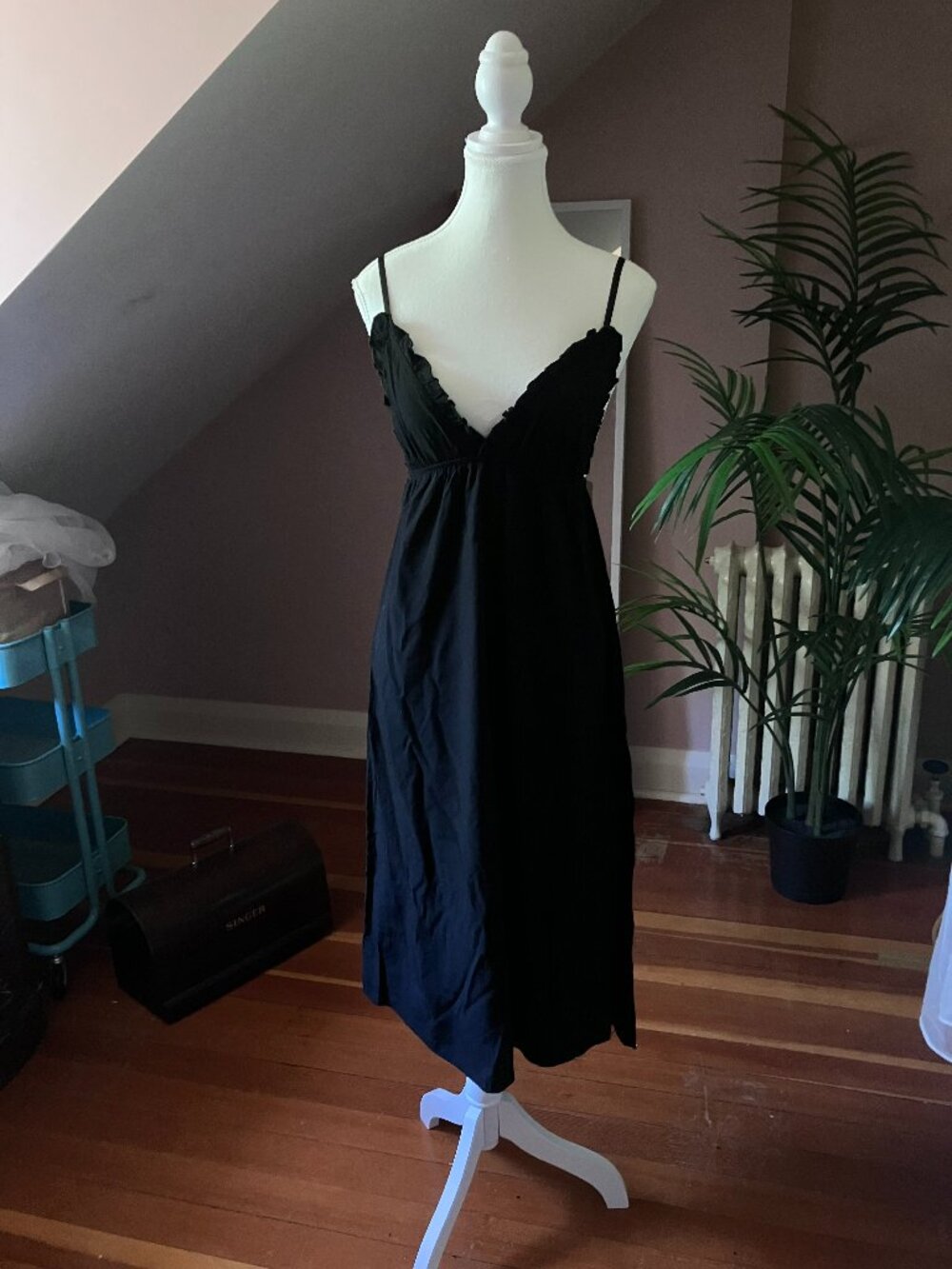 Black empire waistline v neck ruffled slip dress long tea length gown